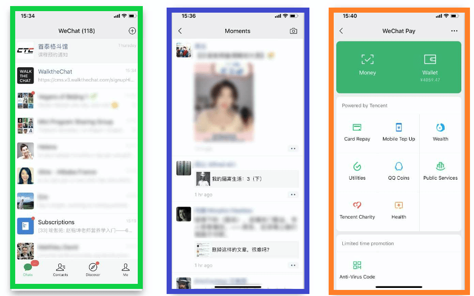 Tres principales secciones de WeChat